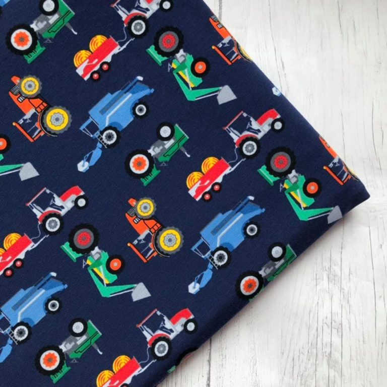 Farm Vehicles and Tractors Navy Cotton Elastane Jersey Knit Fabric