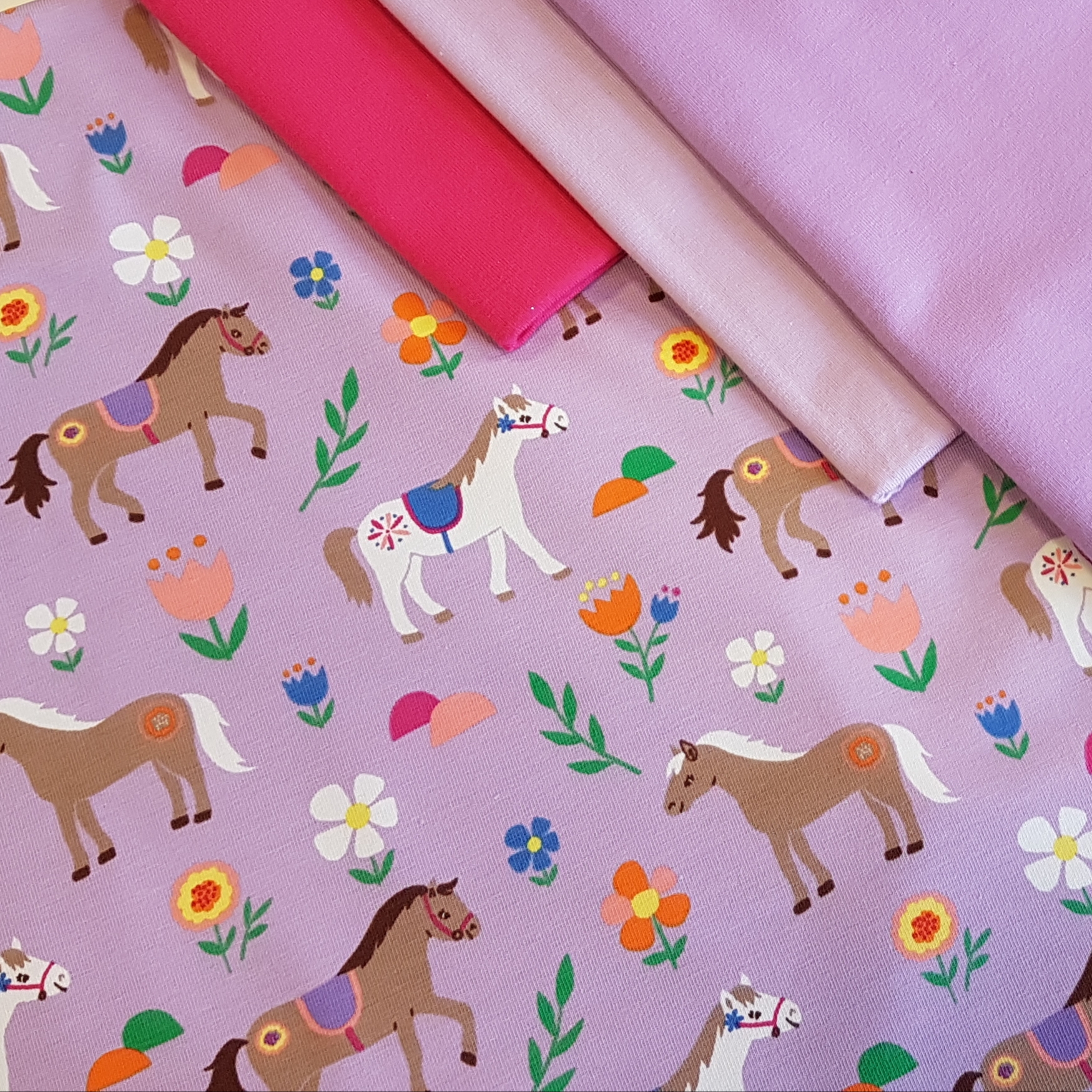 My Little Pony cotton jersey stretch fabric knit pony ponies unicorns horses colourful bright pink purple green yellow girls fabric