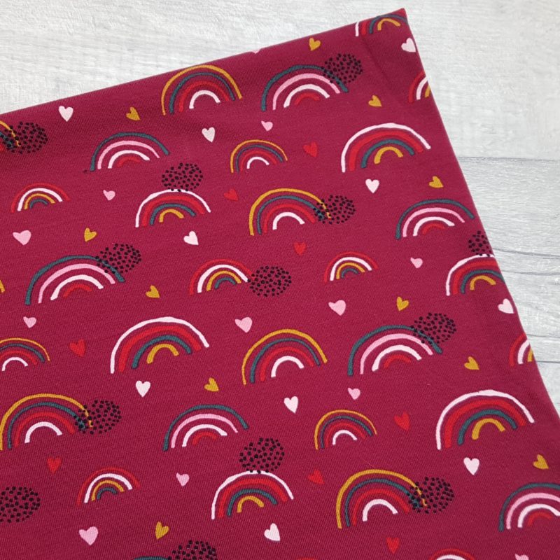 Rainbows on Burgundy Red Organic Cotton Elastane Jersey Knit Fabric