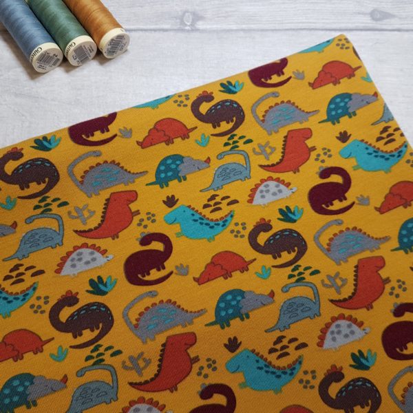 Happy Dinosaurs Ochre Brushed Back French Terry