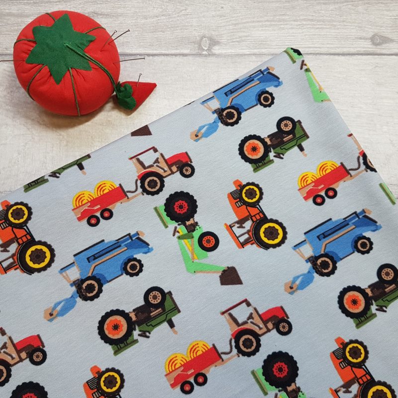 Farm Vehicles and Tractors Grey Cotton Elastane Jersey Knit Fabric