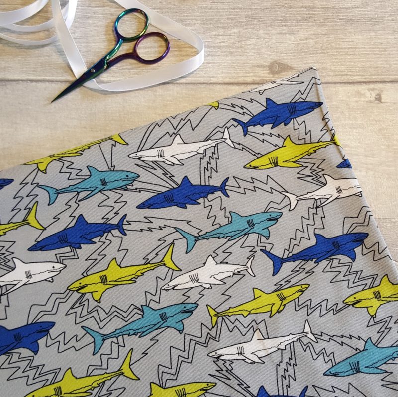 Electric Sharks on Grey Organic Cotton Elastane Jersey Knit Fabric