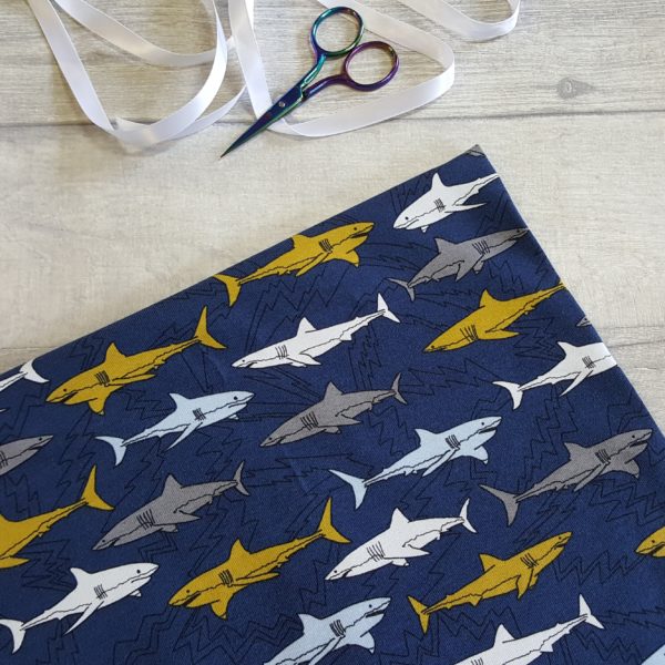 Electric Sharks on Navy Organic Cotton Elastane Jersey Knit Fabric