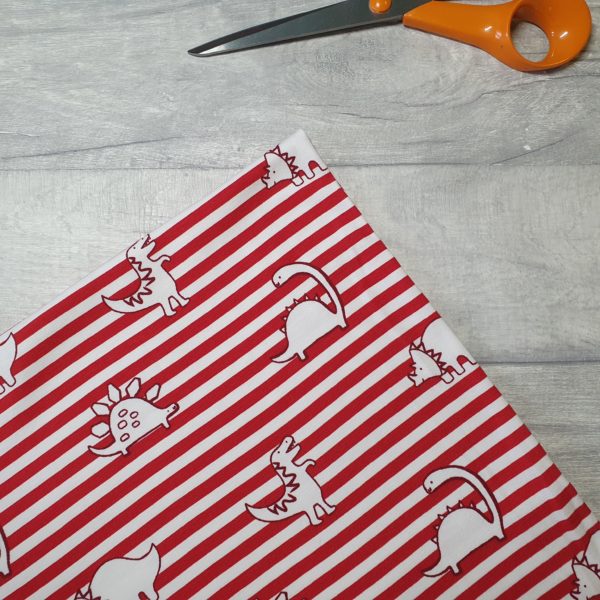 Dinosaur Stripe Red Organic Cotton Elastane Jersey Knit Fabric