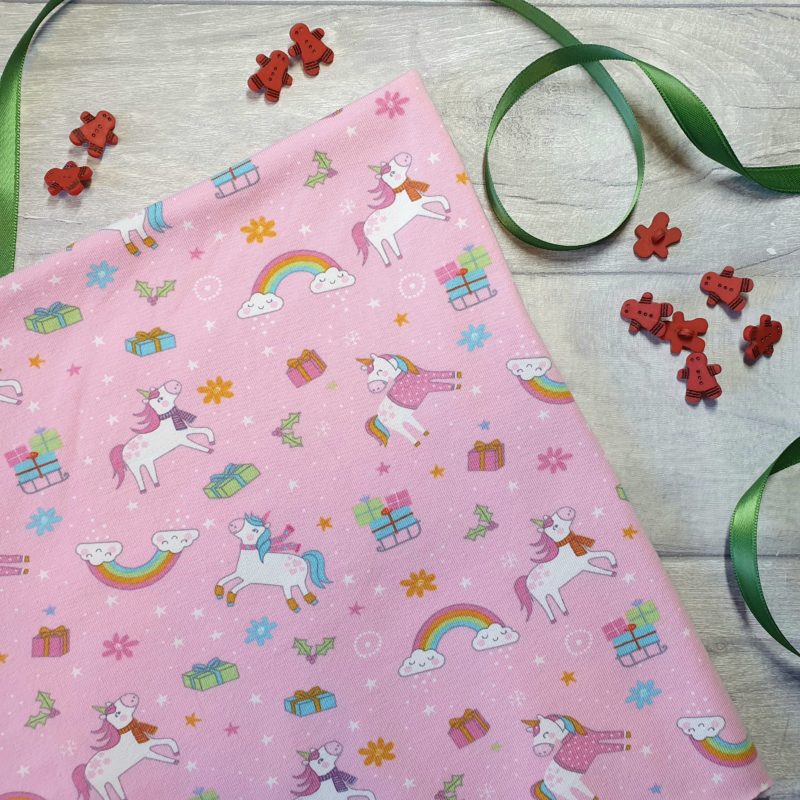 Unicorn Christmas Pink Cotton Elastane Jersey Knit Fabric