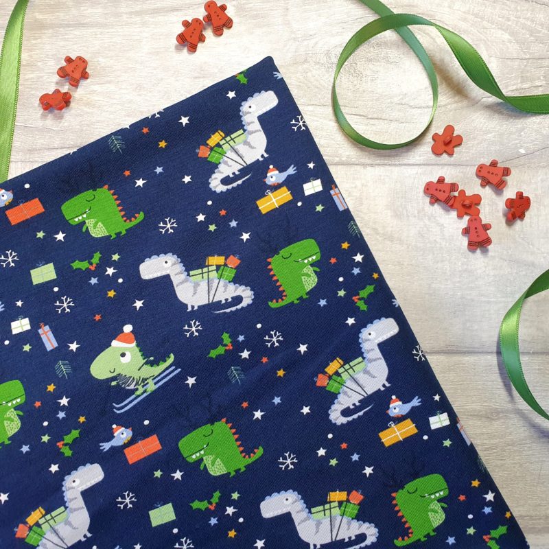 Dinosaur Christmas Navy Cotton Elastane Jersey Knit Fabric