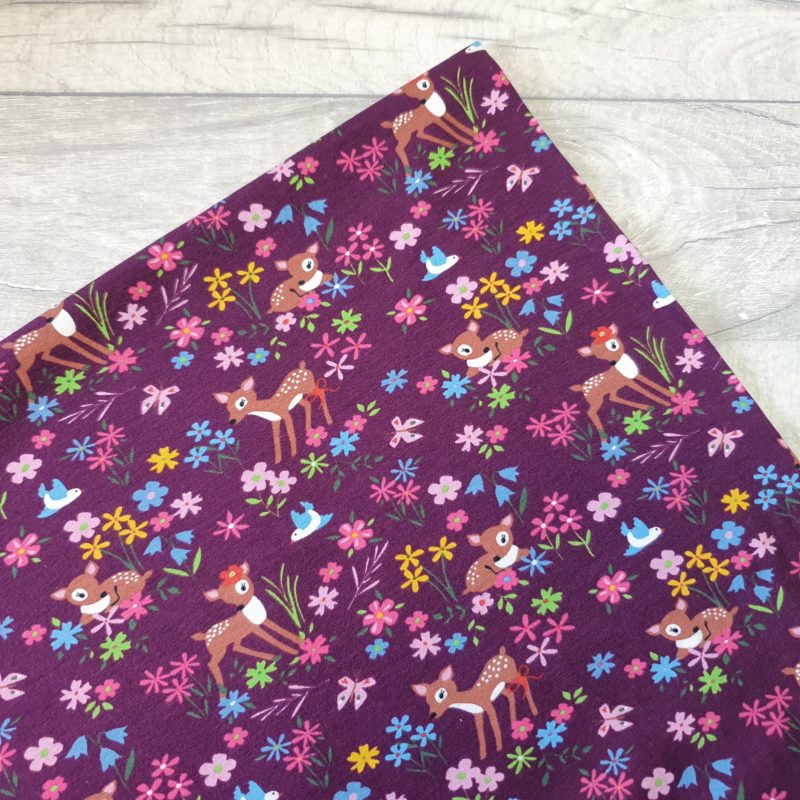 Floral Deer Burgundy Cotton Elastane Jersey Knit Fabric