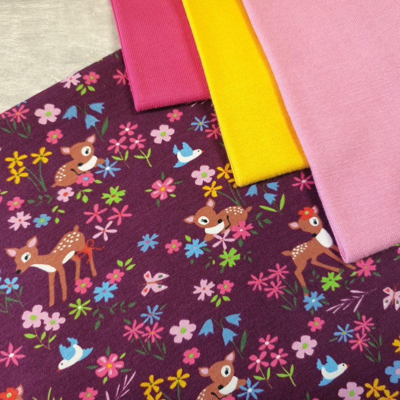Floral Deer Burgundy Cotton Elastane Jersey Knit Fabric