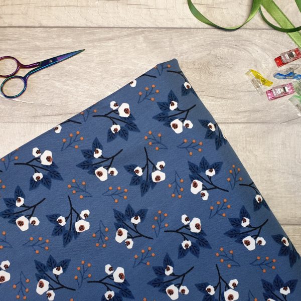 Flower Sprig Denim Cotton Elastane Jersey Knit Fabric