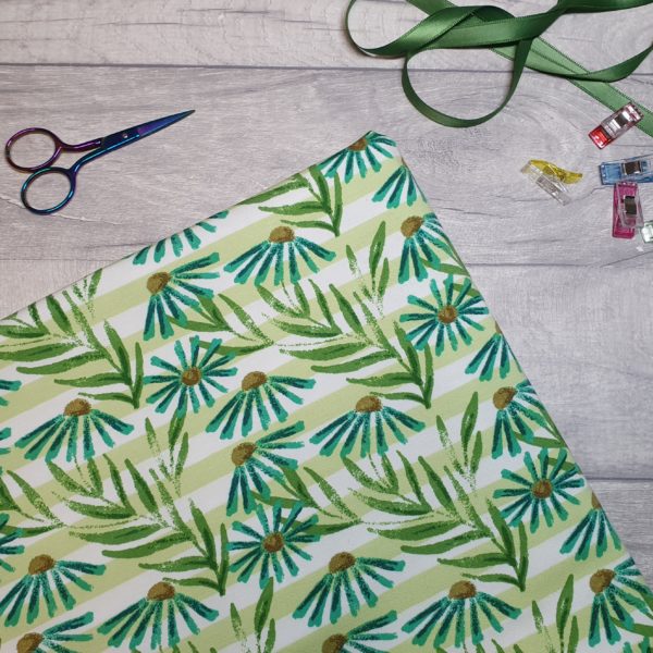 Open Flower Green Cotton Elastane Jersey Knit Fabric