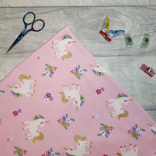 Glitter Unicorn Pink Cotton Elastane Jersey Knit Fabric
