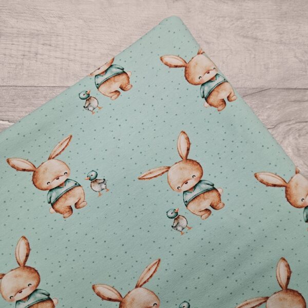 Friends Jersey Fabric is a mint base knit fabric with a hand drawn design of a bunny and a duck. It a cute style watercolour perfect for children.