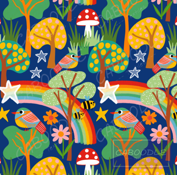 vibrant bird and rainbow woodland design