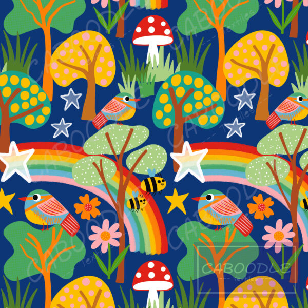 vibrant bird and rainbow woodland design