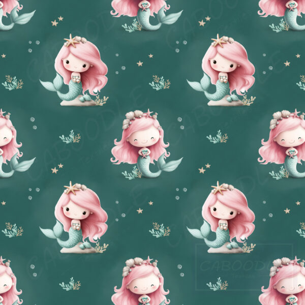 mermaid repeating pattern on rich petrol green background