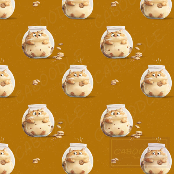 an adorably fluffy cat is stuck in a cookie jar. a repeat image fabric design