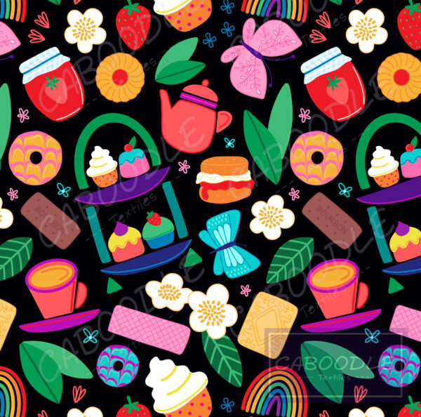 a black background with bright happy images of tea party foods with garden features